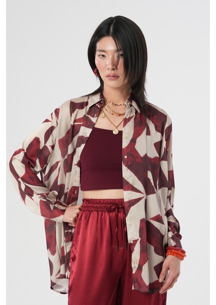 Kadın Desenli Çizgi Detaylı Oversize Gömlek fiyatları