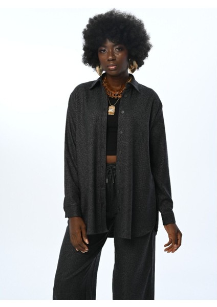 Kadın Düz Renk Simli Oversize Kesim Gömlek