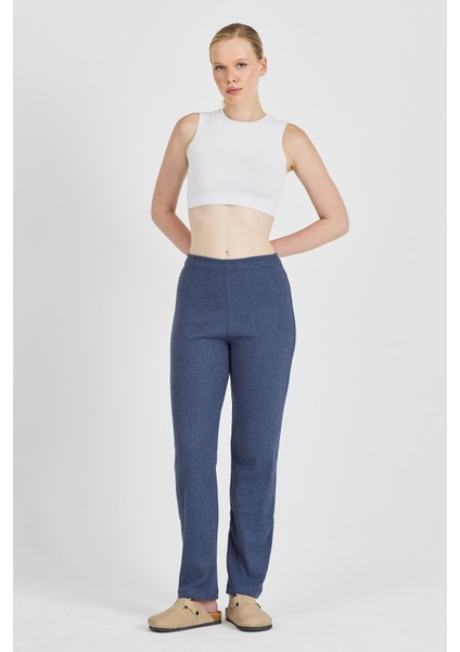 Kadın Indigo Yüksek Bel Fitilli Bol Paça Günlük Ince Eşofman Altı Pijama