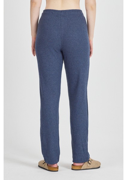 Kadın Indigo Yüksek Bel Fitilli Bol Paça Günlük Ince Eşofman Altı Pijama