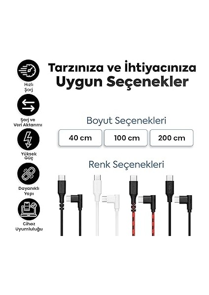 Type-C To Type-C ile Uyumlu iPhone ve Samsung ile Uyumlu Hızlı Şarj ve Data Kablosu 40 cm L Tipi Gaming Hasır Örgülü (Kırmızı) fiyatları