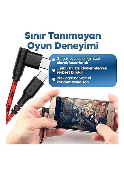 Type-C To Type-C ile Uyumlu iPhone ve Samsung ile Uyumlu Hızlı Şarj ve Data Kablosu 40 cm L Tipi Gaming Hasır Örgülü (Kırmızı) indirimleri