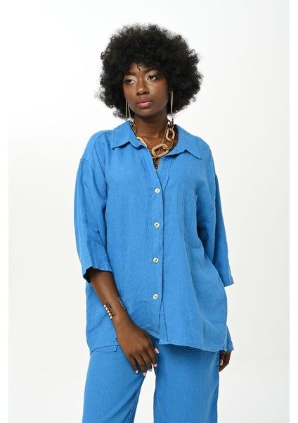 Kadın Düz Renk Tek Cepli %100 Keten Gömlek