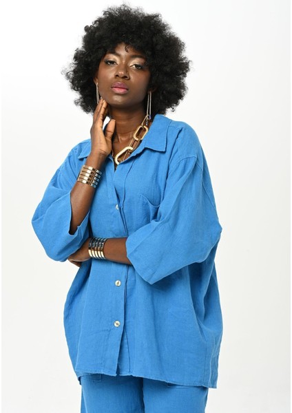 Kadın Düz Renk Tek Cepli %100 Keten Gömlek modelleri