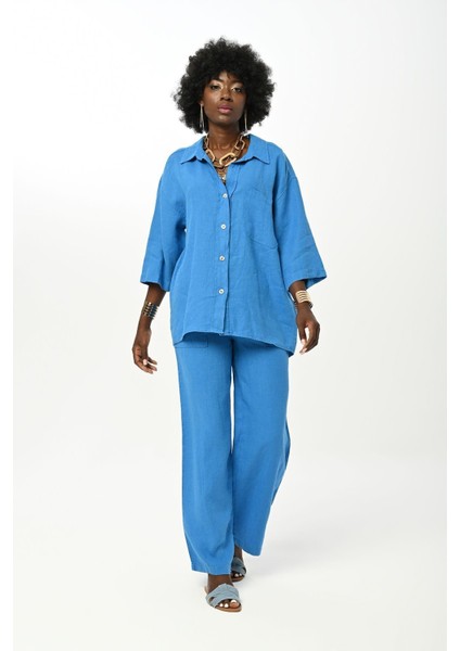 Kadın Düz Renk Tek Cepli %100 Keten Gömlek fırsatları