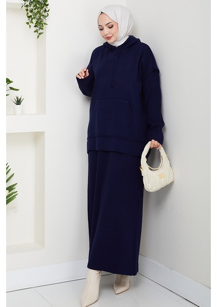 Kapüşonlu Tunik Elbise Triko Takım 1645 - Lacivert