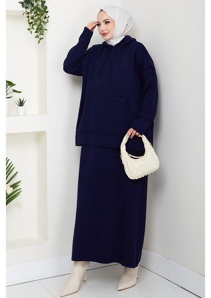 Kapüşonlu Tunik Elbise Triko Takım 1645 - Lacivert modelleri