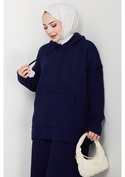 Kapüşonlu Tunik Elbise Triko Takım 1645 - Lacivert fırsatları