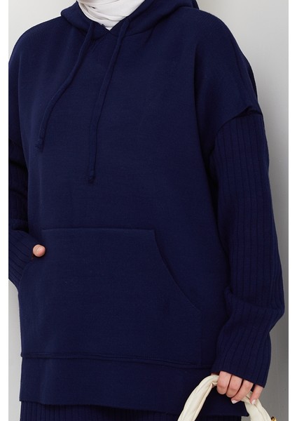 Kapüşonlu Tunik Elbise Triko Takım 1645 - Lacivert indirimleri