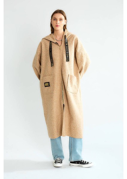 Robin Kadın Kapüşonlu Torba Cep Astarsız Hafif Buklet Kaşe Oversize Uzun Kaban indirimleri