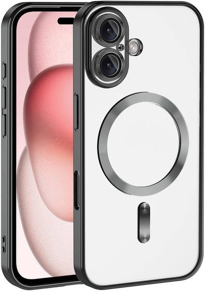 Aksesuar 16 Için ile Uyumlu Arka Kısmı Parlak Şeffaf Yapıya Sahip Kenarları Silikon Yapılı Güçlendirilmiş Kamera Lens Kablosuz Şarj Destekli Kılıf (Siyah)