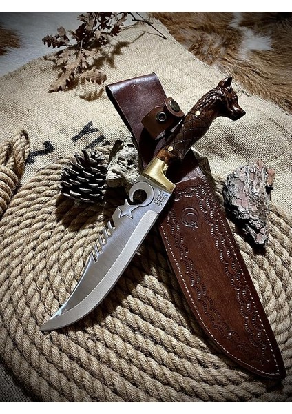 Yapımı Kurt Başlı Işlemeli Av Bıçağı No:2