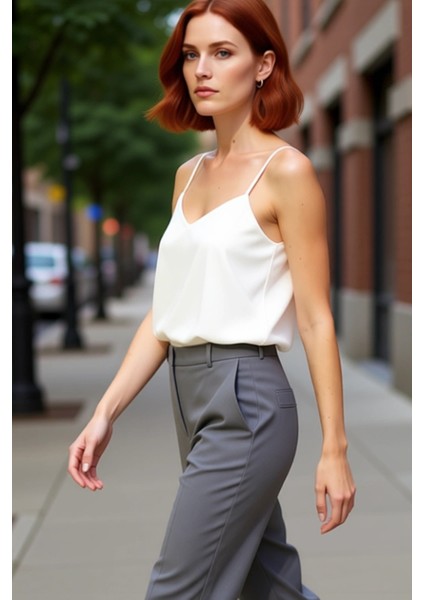 Kadın V Yaka Ince Askılı Düz Dokuma Bluz Günlük Şıklık ve Konfor Kaliteli Şık Rahat Modern