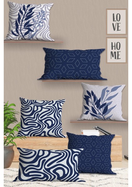 6’li Lacivert Beyaz, Dikdörtgen, Çift Tarafı Dijital Baskı, Yastık Kılıfı,kırlent Kılıfı, Fermuarlı