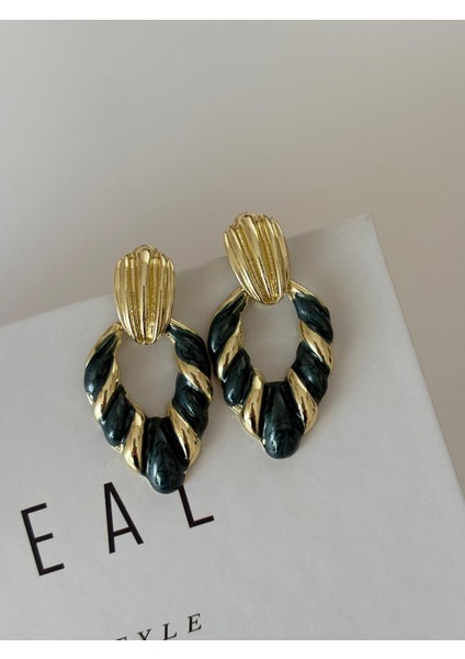 Vintage Şerit Damla Yeşil Gold Pirinç Küpe