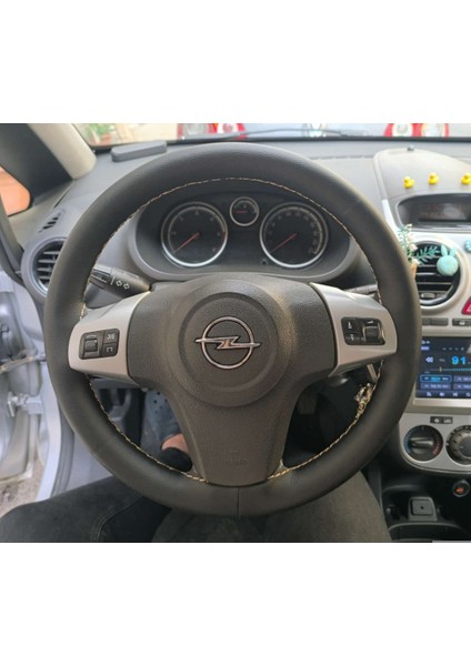 Dikişli Direksiyon Kılıfı Siyah Deri Bej Dikişli Opel Corsa D Için