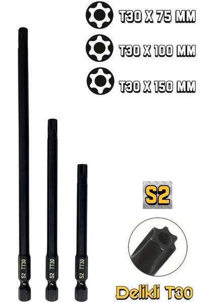 3’lü Delikli T30 Torx Bits Uç Set 150 MM-100 Mm-75 mm T30 Bits Uç S2 Çelik