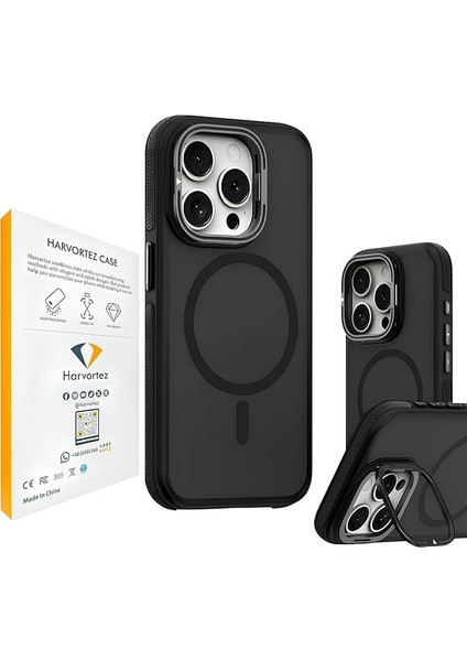 iPhone 14 Pro Max Kılıf Magsafe Uyumlu, Güçlü Manyetik Cep Telefon Kılıfı, Metal Standlı, Mat Darbe Emici Kapak, Alüminyum Tuşlar ve Kaydırmaz Yan Şeritlerli Phone Case - Siyah