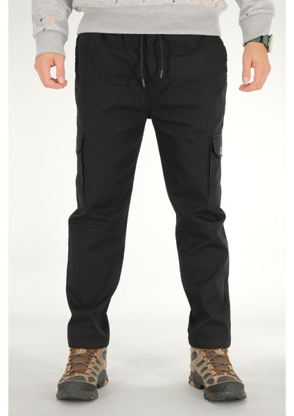 Erkek Siyah Kargo Cepli Pantolon Rahat Kesim Pamuklu Lastikli Bel