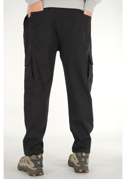 Erkek Siyah Kargo Cepli Pantolon Rahat Kesim Pamuklu Lastikli Bel