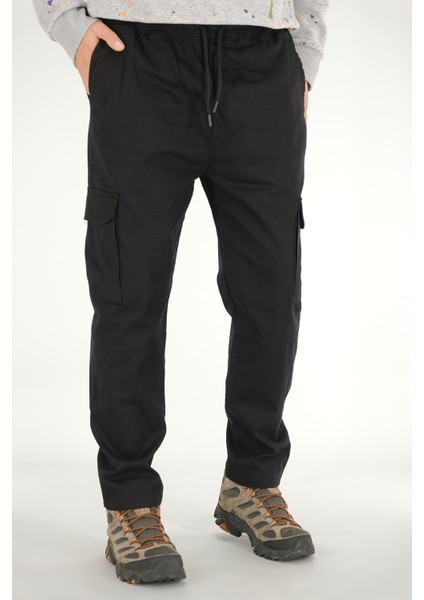 Erkek Siyah Kargo Cepli Pantolon Rahat Kesim Pamuklu Lastikli Bel