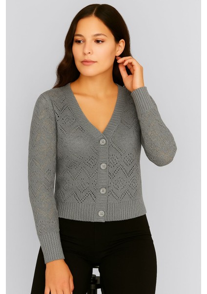 Kadın V Yaka Önü Düğmeli Mevsimlik Hırka indirimleri