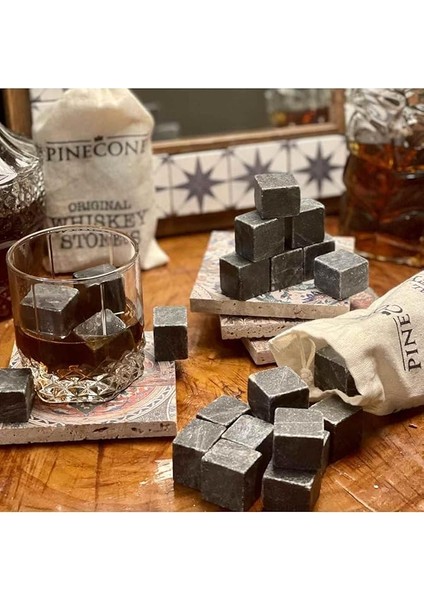9 Adet Viski Soğutma Taşı Seti Viski Taşı Kesesi Doğal Granit Premium Hediyelik Soğutucu Taş, Pinecone, 2 x 2 modelleri