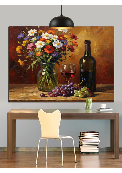 Çiçekler Şarap Şişesi Natürmort Dekoratif Kanvas - Mdf Ahşap Tablo fiyatları