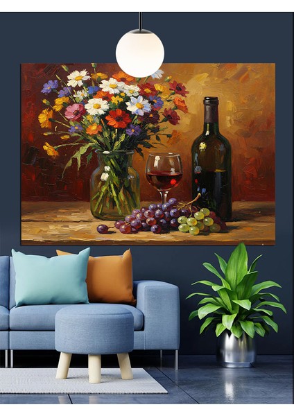 Çiçekler Şarap Şişesi Natürmort Dekoratif Kanvas - Mdf Ahşap Tablo modelleri