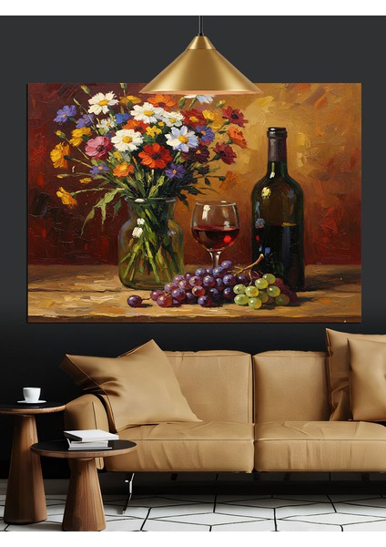 Çiçekler Şarap Şişesi Natürmort Dekoratif Kanvas - Mdf Ahşap Tablo fırsatları