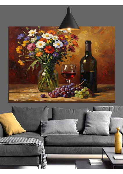 Çiçekler Şarap Şişesi Natürmort Dekoratif Kanvas - Mdf Ahşap Tablo indirimleri