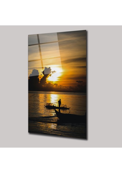 Günbatımı Manzarasında Balıkçı Teknesi Cam Tablo - DEG0009