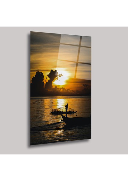 Günbatımı Manzarasında Balıkçı Teknesi Cam Tablo - DEG0009 fiyatları