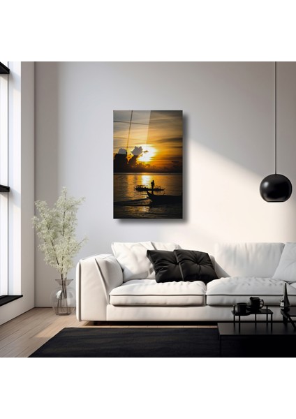 Günbatımı Manzarasında Balıkçı Teknesi Cam Tablo - DEG0009 modelleri
