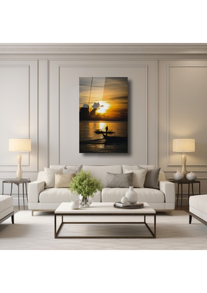 Günbatımı Manzarasında Balıkçı Teknesi Cam Tablo - DEG0009 fırsatları