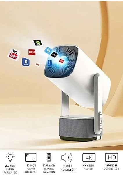 Taşınabilir Projeksiyon Dahili Hoparlör Ps5 ve Xbox Bağlantılı Oyun Sinema Projektör Full Hd 4K Android 1080P/2K/4K Destekli Ev Sinema Ofis Toplantı Fuar Sunum K2 modelleri