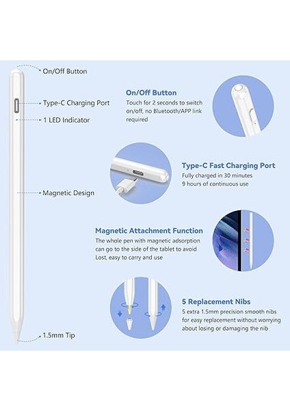 Evrensel Tablet Kalem Stylus Pen Tüm Tablet Telefonlar Için Android Samsung Lenovo Huawei Xiaomi Vivo Için 5 Uçlu, 1,5 mm Kalem Ucu 30 Dk Hızlı Şarj Manyetik Yapışma modelleri