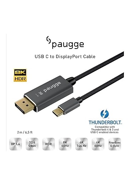 USB C To Displayport Kablo - Dp 1.4, Thunderbolt 4/3, Hdr, 8k 60Hz, 4K 144Hz/120Hz/60Hz, 2k 240Hz, Full Hd 240Hz, Örgülü, 2 Metre (CDP14B-PRO) fiyatları