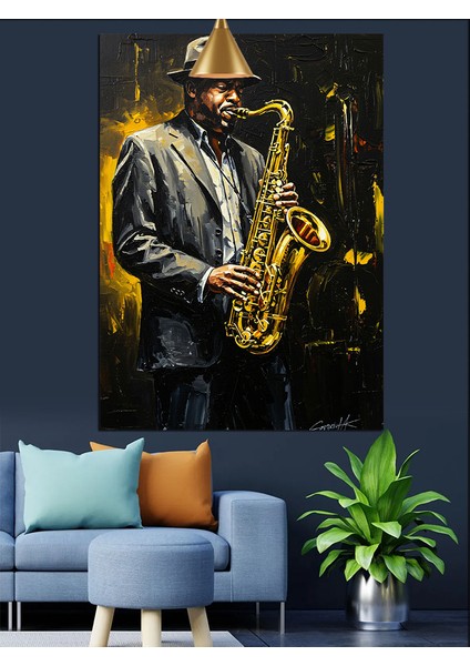 Siyah Beyaz Giysiler Içinde Saksafon Çalan Adam Dekoratif Kanvas - Mdf Ahşap Tablo