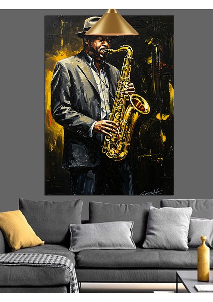 Siyah Beyaz Giysiler Içinde Saksafon Çalan Adam Dekoratif Kanvas - Mdf Ahşap Tablo modelleri