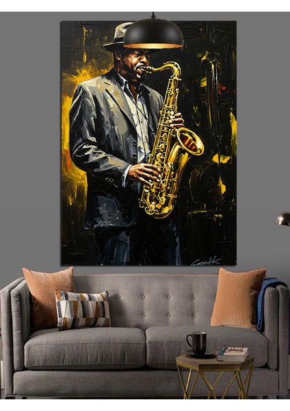 Siyah Beyaz Giysiler Içinde Saksafon Çalan Adam Dekoratif Kanvas - Mdf Ahşap Tablo indirimleri