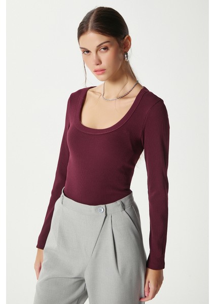 Kadın Anita Tok Doku Pamuklu Fittili Mürdüm Basic Bluz