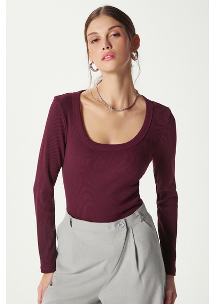 Kadın Anita Tok Doku Pamuklu Fittili Mürdüm Basic Bluz fiyatları