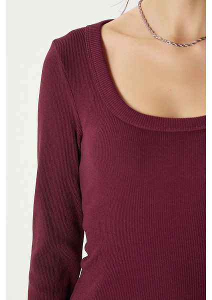 Kadın Anita Tok Doku Pamuklu Fittili Mürdüm Basic Bluz modelleri