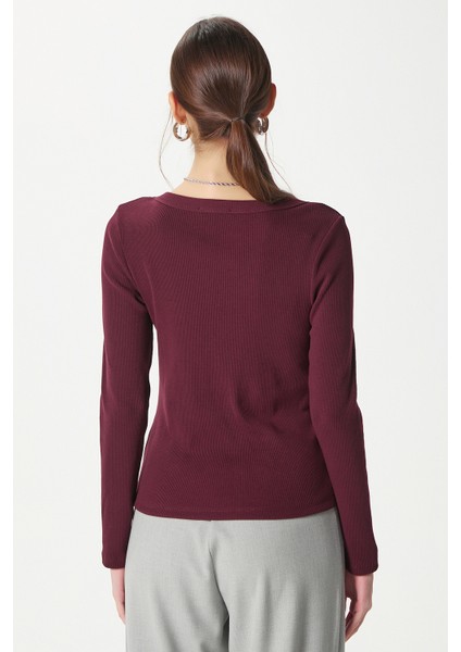 Kadın Anita Tok Doku Pamuklu Fittili Mürdüm Basic Bluz indirimleri