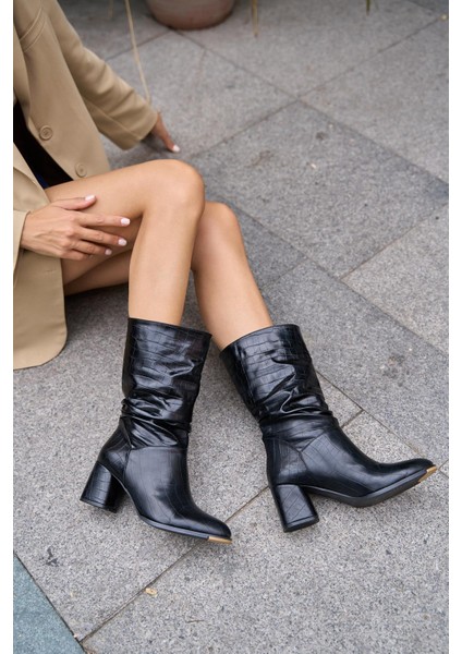 Siyah Kroko Kadın Büzgü Detaylı Topuklu Çizme Yüksek Kalite PU Deri 7 cm Topuk fırsatları