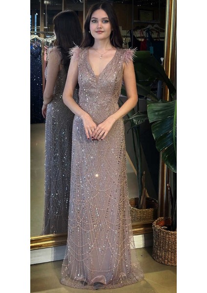 Bakır V Yaka Kalın Askı Tuy Detaylı Düz Kesim Pullu Boncuklu Uzun Abiye Elbise 11052-04