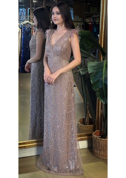 Bakır V Yaka Kalın Askı Tuy Detaylı Düz Kesim Pullu Boncuklu Uzun Abiye Elbise 11052-04 fiyatları