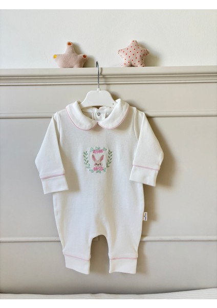Pembe Tavşan Nakış Isme Özel 6'lı Bebek Set %100 Pamuk Tulum Battaniye Şapka Puset Örtü Yastk Eldivn