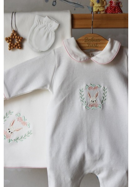 Pembe Tavşan Nakış Isme Özel 6'lı Bebek Set %100 Pamuk Tulum Battaniye Şapka Puset Örtü Yastk Eldivn fırsatları